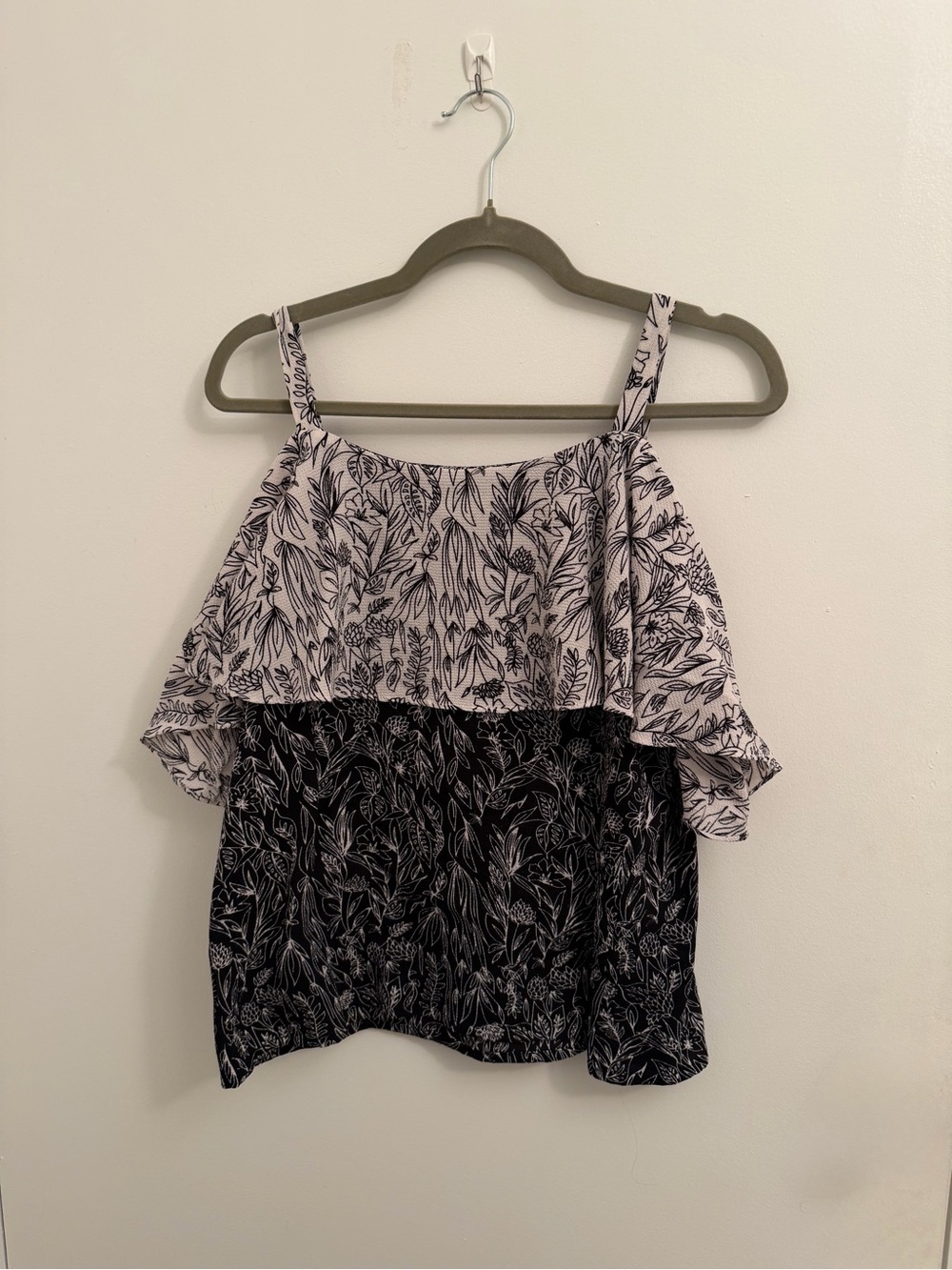 Black & White Botanical Layered Ruffle Camisole